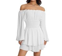 SANSIWU Women 's Boho Off Shoulder Romper Lantern Long Sleeve Double Layer Ruffle Hem Waist Tie Back Short Chiffon Jumpsuits (B-White, L)