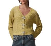 SANSIWU Women’s Bow Tie Oversized Sweater Y2k V Neck Knit Cardigan Long Sleeve Button Down Sweater Pullover Vintage Knitwear (Yellow, M)