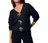 SANSIWU Women’s Bow Tie Oversized Sweater Y2k V Neck Knit Cardigan Long Sleeve Button Down Sweater Pullover Vintage Knitwear (Black, L)