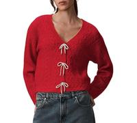 SANSIWU Women’s Bow Tie Oversized Sweater Y2k V Neck Knit Cardigan Long Sleeve Button Down Sweater Pullover Vintage Knitwear (Red, L)