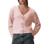 SANSIWU Women’s Bow Tie Oversized Sweater Y2k V Neck Knit Cardigan Long Sleeve Button Down Sweater Pullover Vintage Knitwear (Pink, L)