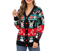 SANSIWU Women 's Christmas Cardigans Ugly Christmas Sweaters Long Sleeve V Neck Button Down Sweaters with Fun Patterns and Animals (A-Black, M)