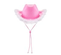 SANSIWU Women 's Cowboy Hat Adult Solid Color Fluffy Feather Drawstring Adjust Wide Brim Cowgirl Hat for Cosplay, Costume Party, Hen Party, Fancy Dress Accessory (Pink 4, 32cm*42cm*18cm)