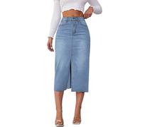 SANSIWU Women’s Front Split Denim Long Skirts High Waist Buttons Zip Fly Slim A Line Skirts Solid Color Street Casual Jean Maxi Skirts (A-Light Blue, S)