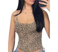 SANSIWU Women’s Leopard Print Cami Crop Tops Y2k Lace Patchwork Low Cut Spagetti Strap Camisole Grunge Punk Going Out Tank T Shirt (B-01, M)
