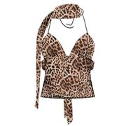 SANSIWU Women’s Leopard Print Cami Crop Tops Y2k Lace Patchwork Low Cut Spagetti Strap Camisole Grunge Punk Going Out Tank T Shirt (O-01, M)