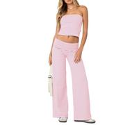 SANSIWU Women’s Stripes Print Bandeau Vest Long Pants 2Pcs Set Strapless Boat Neck Tube Shirts Elastic Fold Over Waist Pajama Sweatpants (A-Pink, M)