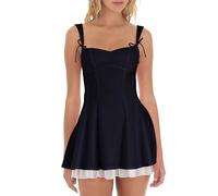 SANSIWU Women’s Summer Corset Mini Dress Fashion Sleeveless Backless Tiered Ruffle Hem Dress Solid Color Bow Tie Strap Skater Tank Dress (Black A, S)