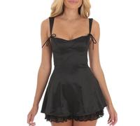 SANSIWU Women’s Summer Corset Mini Dress Fashion Sleeveless Backless Tiered Ruffle Hem Dress Solid Color Bow Tie Strap Skater Tank Dress (Black B, L)