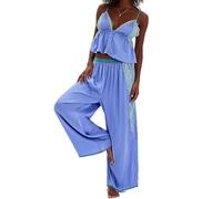 SANSIWU Women Satin Pajamas Set 2 Piece Button Down Ruffled Spaghetti Strap Cami Top And Wide Leg Pants Outfits