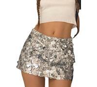 SANSIWU Women Sequin Mini Skirt Sparkle Stretchy Bodycon Glitter Skirts Y2k High Waist Pencil Short Party Club Skirt Streetwear (A-Silver, L)