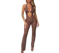 SANSIWU Women Sexy Floral Lace Jumpsuit Y2K Halter Neck See Though Cutout Romper Pant Hollow Out Backless One Piece Flare Playsuit Romper (G-03, M)