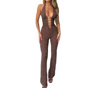 SANSIWU Women Sexy Floral Lace Jumpsuit Y2K Halter Neck See Though Cutout Romper Pant Hollow Out Backless One Piece Flare Playsuit Romper (B-03, S)