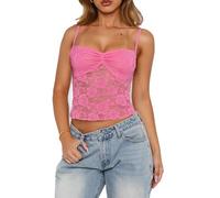 SANSIWU Women Sexy Halter Lace See Through Crop Top Fairy Grunge Floral Spaghetti Strap Cami Y2K Sheer Mesh Going Out Top (Pink, S)