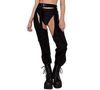 SANSIWU Women Sexy Hollow Out Cargo Pants Open Crotch CrotchlessPatchwork Buckle High Waist Punk Hip Hop Club Wear (Black, L)