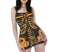 SANSIWU Women Sexy Spaghetti Strap Mini Cami Dress Sleeveless Human Bone Printed Goth Grunge Short Dress for Cocktail Party (A-Orange, L)