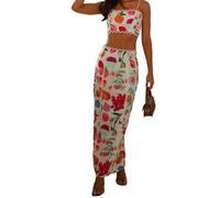 SANSIWU Women Sexy Two Piece Long Skirt Set Y2k Backless Going Out Cami Top Sexy Ruffle Maxi Skirt Floral Print Outfits (A-Mixed Color1, S)