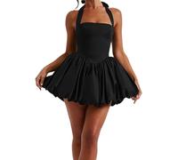 SANSIWU Women Sleeveless Halter Dress Casual Tie up Backless Corset Bubble Sexy Fashion Cocktail Mini Dress (Black, M)