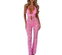 SANSIWU Women Spaghetti Strap Lace Jumpsuit Sexy Mesh See Though Hollow Out Backless Playsuit One Piece Outfit Party Clubwear (A-Pink, M)