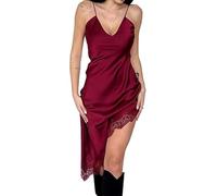 SANSIWU Women Spaghetti Strap Lace Trim Bodycon Dresses High Low Asymmetrical Side Split Y2K Going Out Mini Dress Clubwear (B-Claret, L)