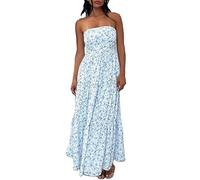 SANSIWU Women Strapless Boho Floral Print Maxi Tube Dress Summer Backless Flowy Long Tube Dress Off Shoulder Y2k Beach Sundress (A-Blue1, L)