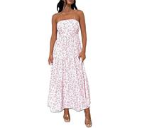 SANSIWU Women Strapless Boho Floral Print Maxi Tube Dress Summer Backless Flowy Long Tube Dress Off Shoulder Y2k Beach Sundress (A-Pink1, L)