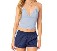 SANSIWU Women Striped Athletic Shorts Y2k Side Stripe Print Elastic Waist Loose Short Pants Patchwork Workout Sweat Shorts (Dark Blue, L)