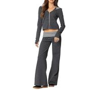 SANSIWU Women Summer 2 Piece Outfits Striped Long Sleeve Cropped Top and Fold-over Flare Pants Slim Loungewear Set (Black, S)