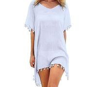 SANSIWU Women Swimsuit Cover Ups Solid Color Cutout Beach Cover Ups V-Neck Short Sleeve Hollow Out Crochet Dress Beachwear (Z-White, One Size)
