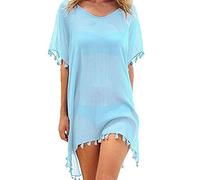 SANSIWU Women Swimsuit Cover Ups Solid Color Cutout Beach Cover Ups V-Neck Short Sleeve Hollow Out Crochet Dress Beachwear (Z-Light Blue, One Size)