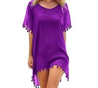 SANSIWU Women Swimsuit Cover Ups Solid Color Cutout Beach Cover Ups V-Neck Short Sleeve Hollow Out Crochet Dress Beachwear (Z-Purple, One Size)