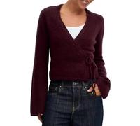 SANSIWU Women Tie Front Knitted Cardigan Y2k Wrap Over Oversized Sweater Solid Color Long Sleeve Loose Knitwear Tops (A-Burgundy, M)