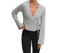 SANSIWU Women Tie Front Knitted Cardigan Y2k Wrap Over Oversized Sweater Solid Color Long Sleeve Loose Knitwear Tops (A-Gray1, M)