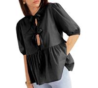 SANSIWU Women Tie Front Peplum Top Y2k 3/4 Puff Sleeves Round Neckline Lace Up Bow Shirt Ruffle Hem Babydoll Blouses (C-Black, L)