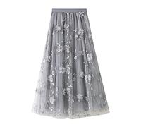 SANSIWU Women Tulle Skirt Floral Print Mesh Elastic High Waist Layered Tutu Skirt A-Line Midi Skirt Female Skirts (E-Grey, One Size)