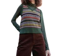 SANSIWU Women Vintage Embroidery Sleeveless Sweater Vest Cropped V Neck Stripes Geometric Patterns Knitted Tops Spring Fall Knitwear (A-Turquoise, L)