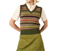 SANSIWU Women Vintage Embroidery Sleeveless Sweater Vest Cropped V Neck Stripes Geometric Patterns Knitted Tops Spring Fall Knitwear (A-Khaki, M)