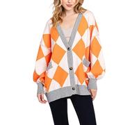 SANSIWU Women Y2K Button Front Crop Sweater Cardigan Diamond Grid V Neck Long Sleeve Knit Fall Tops Streetwear (Orange, XL)