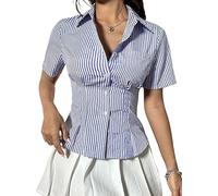 SANSIWU Women Y2k Coquette Button Down Shirt Preppy Cap Sleeve V Neck Slim Fit Crop Top Vintage Slim Fit Ruffle Top (A-Blue1, M)