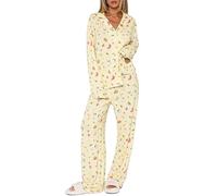 SANSIWU Women Y2K Fruit Pajama Set Long Sleeve Button Down Shirt Elastic Waist Pants Set 2 Piece Lounge Set Cute Pjs Sleepwear (Yellow, L)