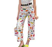 SANSIWU Women Y2k Fruit Print Jeans Graphic Print High Neck Straight Leg Denim Pants with Pockets Summer Streetwear (A-Creamy White, L)
