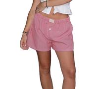 SANSIWU Women Y2k Gingham Boxer Shorts Plaid Striped Printed Elastic Low Waist Cute Mini Bloomers Loose Fit Boy Shorts (A-Red1, S)