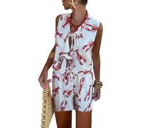 SANSIWU Women Y2k Lobster Print Pajama Set Sleeveless V Neck Tie-up Tank Top Outfit Summer Tie Front Vest 2 Piece Shorts Set (A-White, S)