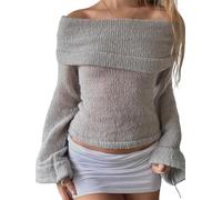 SANSIWU Women Y2k Off The Shoulder Sweater Top Y2k Floral Graphic Fairy Grunge Knit Pullover Slim Fit Going Out Streetwear (Gray, S)