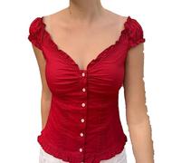 SANSIWU Women Y2K Ruffle Top Casual Solid Color V Neck Cap Sleeve Button Down Slim Fit Frill Shirts Summer Fairy Grunge Babydoll Blouse (Red A, M)