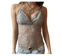 SANSIWU Women Y2k Sparkly Sequin Halter Beaded Camisole Spaghetti Strap Backless Cami Top Sexy Pearl Embellished Tank Top (C-Silver, S)