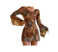 SANSIWU Women Y2K Vintage Print Dress Flare Sleeve Ruffles V Neck Dress Aesthetic Harajuku Bodycon T-Shirt Dress (A-Multicolor, M)