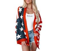 SANSIWU Women Y2k Vintage Sweaters Cardigans American Flag Long Sleeve Open Front Button Down Chunky Knit Varsity Cardigans (Red, S)