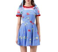 SANSIWU Women's 2 Pcs Halloween Costumes Scary Nightmare Killer Doll Wanna Play Movie Character Dress Chucky Doll Costume Stripes Cosplay Set (B-Blue, S)