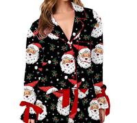 SANSIWU Women's Christmas Pajama Set Long Sleeve Santa Claus Print Button Closure Shirt+Shorts Sleepwear Sets 2 Piece Lounge Set (B-02, S)